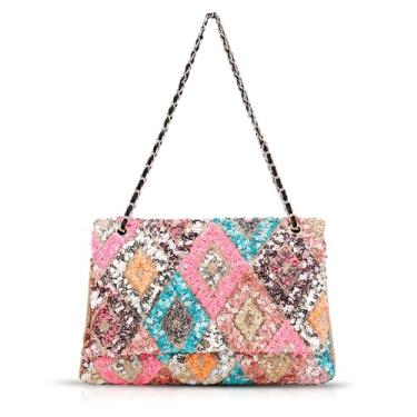 Imagem de QTKJ Bolsa tiracolo feminina bordada com lantejoulas, bolsa de praia, bolsa de palha, boêmia de grande capacidade, adequada para viagens de férias diárias (estilo 2), Multicor, One Size