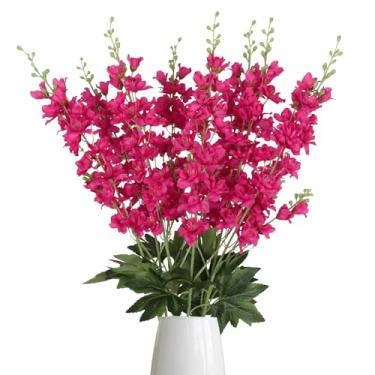 Imagem de 8 peças de flores artificiais de Delphinium 85 cm, flores artificiais de jacinto de haste longa, rosa vermelha, para decoração de mesa de casamento em vaso alto (vermelho rosa)