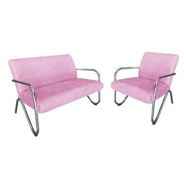 Imagem de Kit Namoradeira + Poltrona Decorativa Bela Suede Rosa Bebê Braço Croma