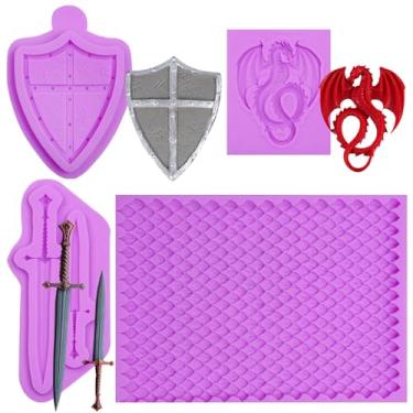 Imagem de Moldes de silicone de pele de dragão, espada, escudo de dragão, moldes de fondant de chocolate, moldes de pirulito de dragão para decoração de bolos, enfeite de cupcake, resina, argila de polímero,