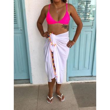 Imagem de Canga Saída de Praia Branco Franja Neon Feminino Versátil e Elegante -