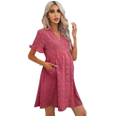 Imagem de KOJOOIN Vestido de verão com bolinhas suíças para gestantes, gola V, manga curta, abotoado, para chá de bebê, sessão de fotos com bolsos, Rosa, GG