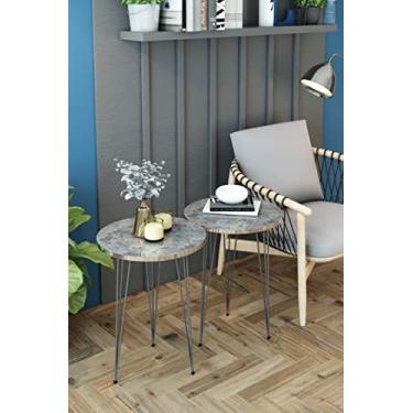 Imagem de Conjunto de 2 mesas de canto com pernas prateadas de mármore cinza de alto brilho - PAK HOME mesas laterais de sofá de madeira redonda para espaços pequenos, mesa de cabeceira com pernas de metal para quarto, sala de estar
