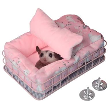 Imagem de Copfeu Gaiola de planador de açúcar plataforma de metal com ninho quente conjunto de cama de porquinho da índia plataforma de rato pequeno animal cesta de hamster para rato (rosa, médio)