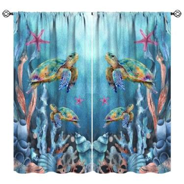 Imagem de Cortinas blackout náuticas tartarugas marinhas oceânicas animais submarinos concha verde menta planta marinha coral, algas marinhas, cortinas para quarto de crianças, sala de estar, cozinha, janela,