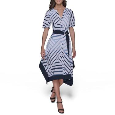 Imagem de KARL LAGERFELD Vestido midi feminino estampado de manga curta com cinto, Branco macio/azul cambraia/marinho, 46