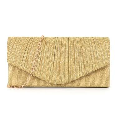 Imagem de Beljeley Bolsas clutch para mulheres, bolsa noturna de glitter com alça de corrente, design plissado formal para casamento, coquetel, festa, Dourado, Small