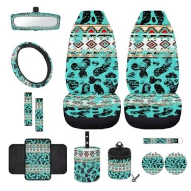 Imagem de Wanyint Conjunto de capa de assento de carro com estampa de vaca asteca azul-petróleo com capa de volante, almofadas de cinto de segurança, console central, almofada, lixeira, suporte de telefone,