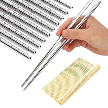 Imagem de Kit Sushi com Esteira de Bambu 24 cm e 2 Hashis de Aço Inox, Conjunto para Culinária Japonesa
