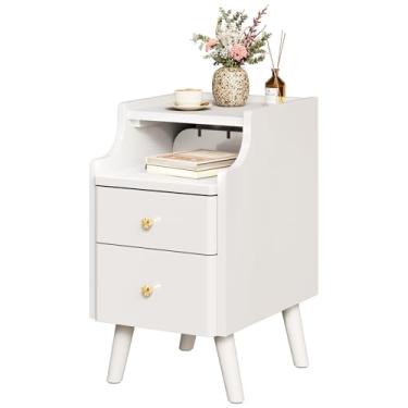 Imagem de Mesa de cabeceira estreita, mesa de cabeceira de madeira maciça com 2 gavetas, mesa de cabeceira moderna preta de meados do século, pequena mesa ao lado com prateleira de armazenamento aberta para