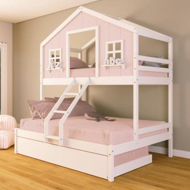 Imagem de Treliche Casal/ Solteiro Casinha dos Sonhos Madeira Maciça Rosa/ Branco Housin