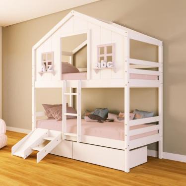 Imagem de Beliche Casinha dos Sonhos com Escada/ Escorregador e 02 Gavetas Madeira Maciça Branco/ Rosa Housin