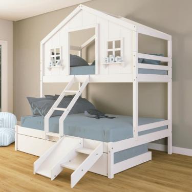 Imagem de Treliche Casal/ Solteiro Casinha dos Sonhos com Escada/ Escorregador Madeira Maciça Branco Housin