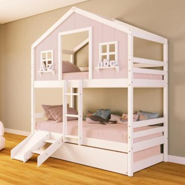 Imagem de Treliche Casinha dos Sonhos com Escada/ Escorregador Madeira Maciça Rosa/ Branco Housin