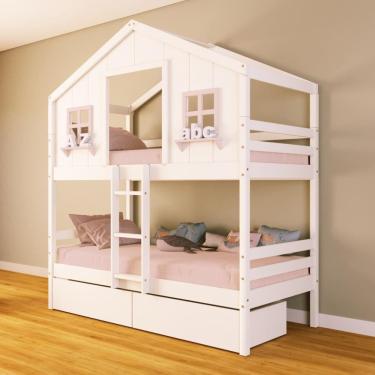 Imagem de Beliche Casinha dos Sonhos com 02 Gavetas Madeira Maciça Branco/ Rosa Housin