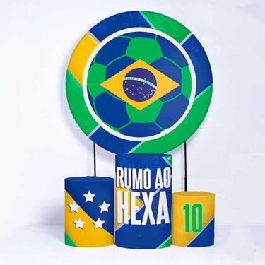 Imagem de Kit Painel de Festa Redondo de 1,30m e Trio de Cilindros Seleção Brasileira - Fera Print
