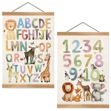 Imagem de ZTGDA Pôster educativo de animais marinhos do alfabeto (30 x 40 cm) – arte de parede Montessori Ocean Creature, tela de linho para pendurar com moldura de madeira maciça, decoração de quarto infantil