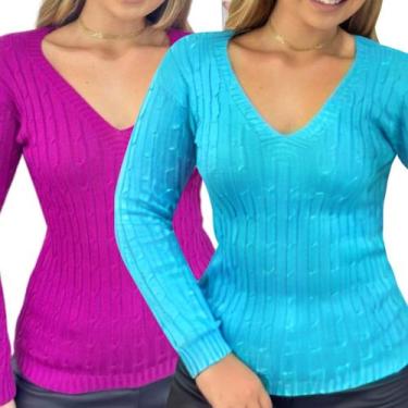 Imagem de Kit 2 Blusas Industrie Femininas Suéter Malha Tricô Lilás e Turquesa M