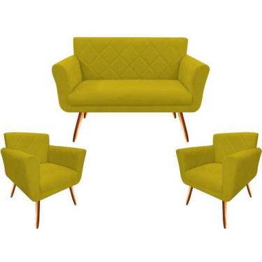 Imagem de Kit Namoradeira + 2 Poltronas Decorativa Sabrina Couro Amarelo Pés Mad