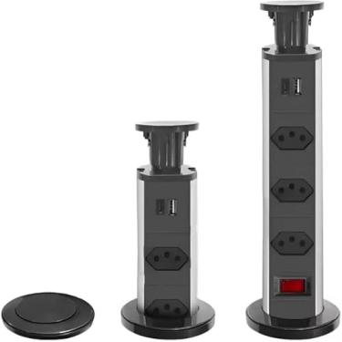 Imagem de Extensão de Embutir Torre Multiplug Retrátil Com 3 Tomadas, 1 Entrada USB, 1 Entrada USB Tipo-C, Cabo 1.8 Metros, Bivolt, (PRETO)