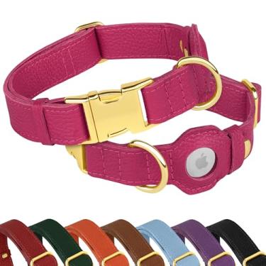 Imagem de Coleira Airtag de couro para cães - Coleira macia para cães com suporte Apple AirTag e fivela de metal - Coleiras de segurança GPS para animais de estimação para cães pequenos, médios e grandes, rosa