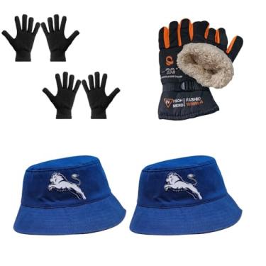 Imagem de Luva Básica, Luva de Moto Forrada, Chapeu Bucket (2 Luva Preta + 1 Luva de Moto Laranja + 2 Chapeu Azul)