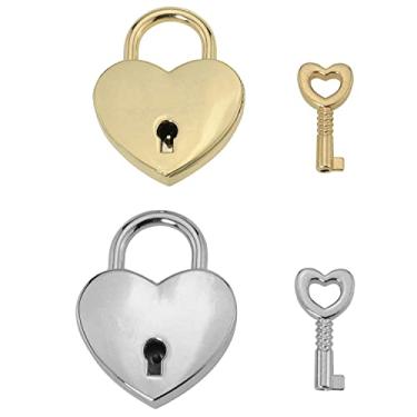 Imagem de ZCZQC Love Lock, 2 peças, pequenos cadeados dourados e prateados em forma de coração com chave para caixa de joias, caixa de cartão de casamento, baú do tesouro, caixa de vinho, diário, livro de metal