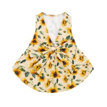 Imagem de CuteBone UPF50+ Vestidos para cães pequenos, vestido de verão sem mangas decote em V profundo com laço grande, tecido respirável, roupas de cachorro elásticas refrescantes para festas de casamento ao