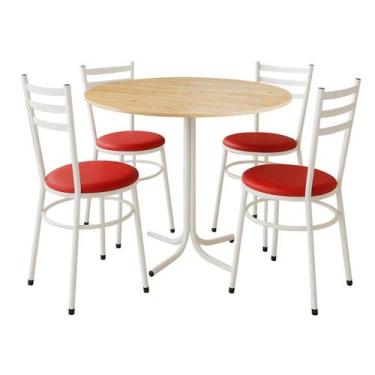 Imagem de Mesa de Jantar Redonda 80cm Pinus Com 4 Cadeiras Estofada Branca - Lam