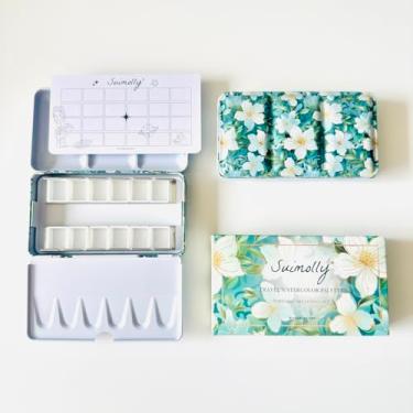 Imagem de Suimolly Caixa de tinta vazia para paleta de aquarela de artistas, lata de paleta de cores de água para viagem com 12 meias-panelas, caixa de lata de paleta de metal portátil de padrão exclusivo