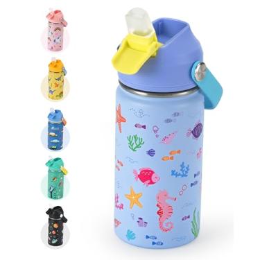 Imagem de Garrafa de água infantil de 400 ml com tampa de canudo de silicone - Garrafa de água isolada de aço inoxidável mantém frio 24H, à prova de vazamento e design de impressões oceânicas | Adesivos