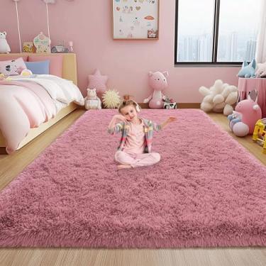 Imagem de Tapetes fofos rosa blush 10 x 15 para quarto de meninas, tapete felpudo macio para sala de estar, tapete de cabeceira felpudo antiderrapante, tapete de pelúcia fofo para quarto de bebê, decoração de