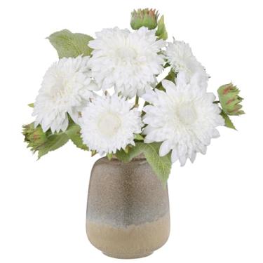 Imagem de IPOPU Buquê de girassol artificial com hastes longas, buquê de girassóis de seda falsa com 5 cabeças de girassol falso para festa de casamento, decoração de escritório em casa, mesa de jantar (branco1