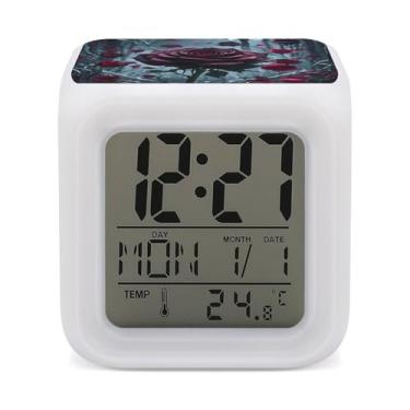 Imagem de RTFGHJS Despertador rosa gótico colorido despertador pequeno visor LED despertador digital relógio compacto relógio eletrônico para quartos cabeceira mesa prateleira tamanho único