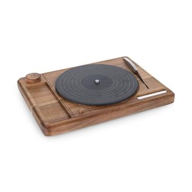 Imagem de PICNIC TIME Tábua de queijo giratória com faca, placa de charcutaria retrô de vinil, bandeja de ardósia para servir Susan preguiçosa com giz para etiquetagem, (madeira de acácia)