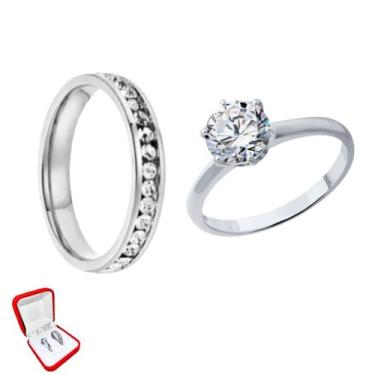 Imagem de Aliança Prata 3mm Fina Brilhante Pedra Zirconia Branca + Solitario 2mm