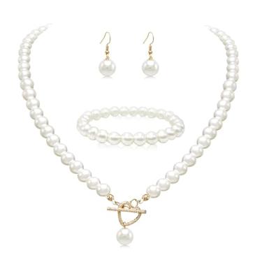 Imagem de Cryshimmer Colar gargantilha de pérolas para mulheres com pérolas falsas, conjunto de brincos, bijuterias, Vidro Latão, Sem Pedra Preciosa