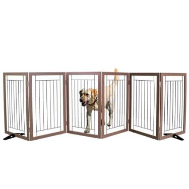 Imagem de ZJSF Portão interno independente para cães, cerca dobrável para portas, corredores ou escadas, portão extra largo de madeira resistente para animais de estimação com pés de apoio, marrom, 81 cm de