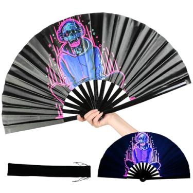 Imagem de INNOLIFE Grande ventilador de mão dobrável, ventilador de brilho UV, ventilador de mão de bambu para dança (caveira Cyberpunk)