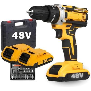 Imagem de Parafusadeira Furadeira 48V com 2 Baterias, Maleta e Kit de Acessórios, Amarelo