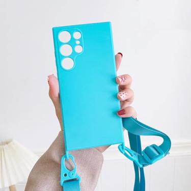 Imagem de HJZSZX Para Samsung S23Ultra Cor sólida fosca corda pendurada macia TPU capa de telefone à prova de choque capa traseira (para Samsung S23Ultra/azul celeste)