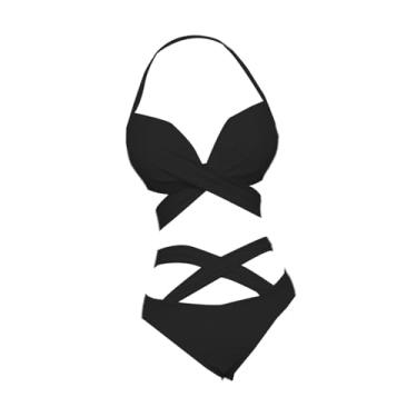 Imagem de kowaku Mulheres Biquíni Conjunto de roupas de banho Nylon Cross Strappy Triângulo Triângulo Botivo de banho para atividades aquáticas de clubes Piscinas de, L, Preto