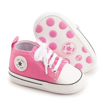Imagem de KIDSUN Tênis unissex de cano alto para bebês meninos e meninas, sola antiderrapante macia para recém-nascidos, sapatos jeans de lona, A01 - Sola de borracha rosa, 12-18 Meses