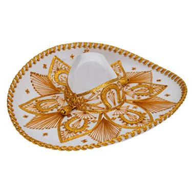 Imagem de FESTMEX Chapéus de Sombrero Mexicano Charro – Chapéu Sombrero Mexicano e Mariachi, Chapéu Mexicano Tradicional para Adultos, Fantasia Mariachi, Branco e dourado., tamanho �nico