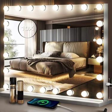 Imagem de THEKLA Espelho grande Hollywood Vanity com luzes 24 lâmpadas de escurecimento 3 cores grande espelho iluminado para quarto, parede, mesa, mesa, mesa, espelho com lupa X10