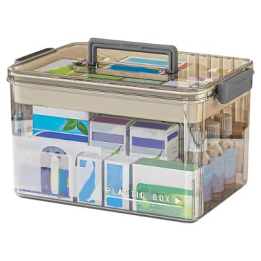 Imagem de NEMTMCUA Caixa organizadora de medicamentos com alça, caixa de plástico de primeiros socorros vazia, caixa de recipiente de medicamentos espessa, estojo médico multiuso com tampas (cinza)