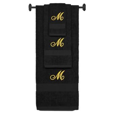 Imagem de Iniciais bordadas personalizadas A-Z - Toalha de banho de algodão felpudo personalizada, conjunto de toalha de mão e toalha de banho - Conjunto de toalhas pretas, letra Diana dourada Letra M