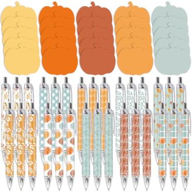 Imagem de JarThenaAMCS Conjunto de 60 peças de papelaria de outono, laranja, azul, abóbora, bloco de notas pegajoso, com folhas de abóbora, canetas esferográficas para colheita de outono, lembrancinhas de festa