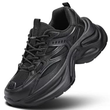 Imagem de Kvovzo Tênis feminino grosso, moderno, plataforma, casual, para pai, confortável, caminhada, corrida, esporte, trabalho, academia, atlético, Todo preto, 38