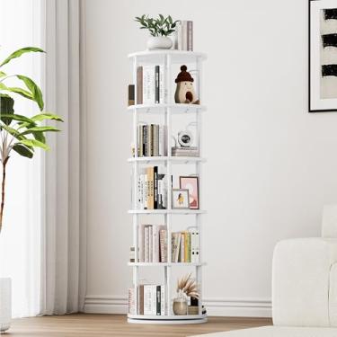 Imagem de iabifo Estante giratória de 5 níveis, estante giratória de 360°, prateleira giratória vertical para pequenos espaços, canto, sala de estar, quarto, branca